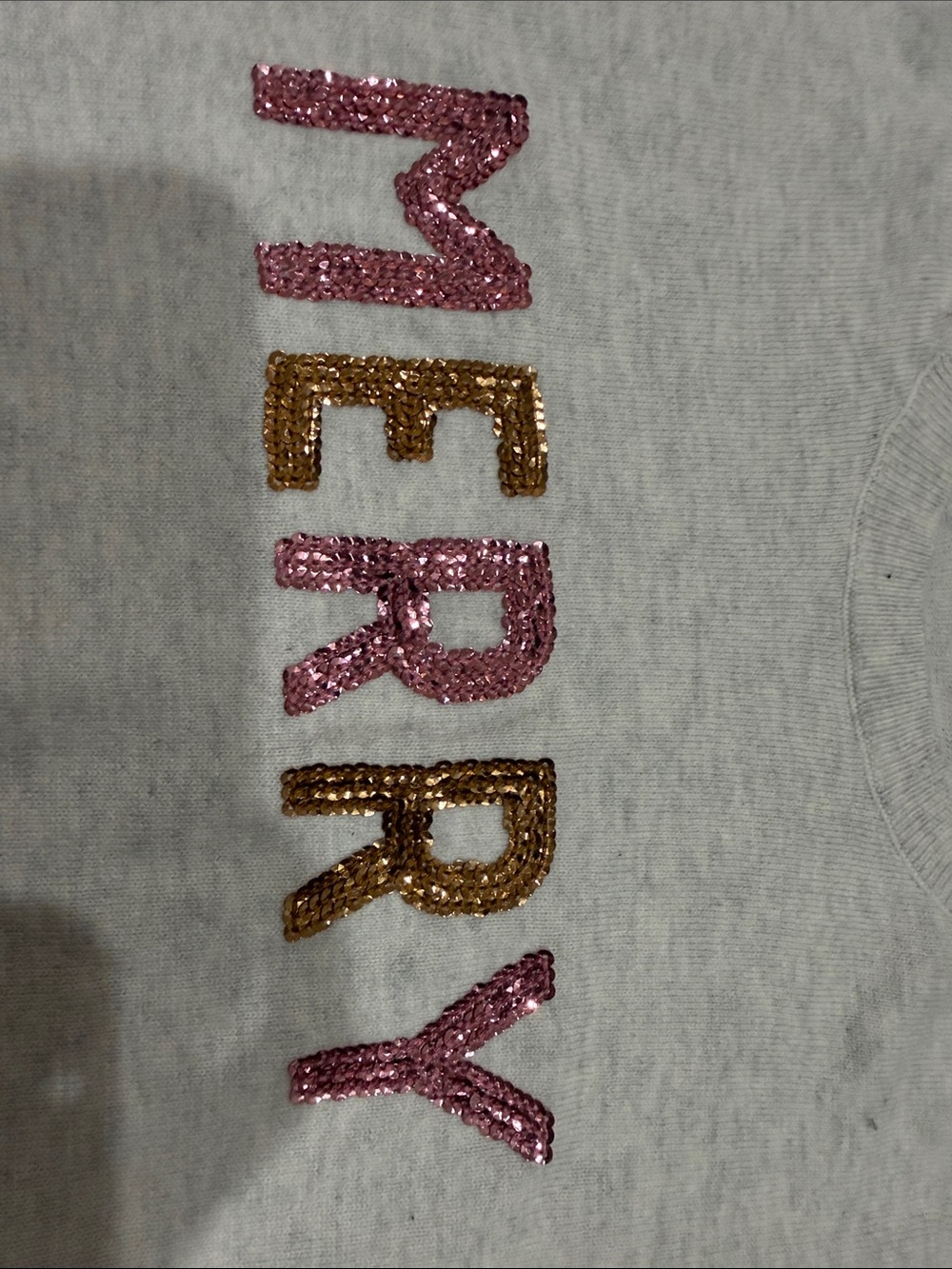J. Crew Heather Gray Light Weight Sweater with Pink & Gold Sequin MERRY - Picture 3 of 5